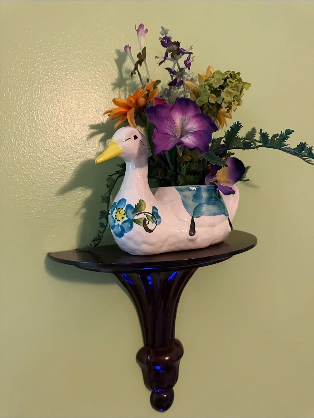 Hand-Painted White Ceramic Duck Planter with Blue Accents